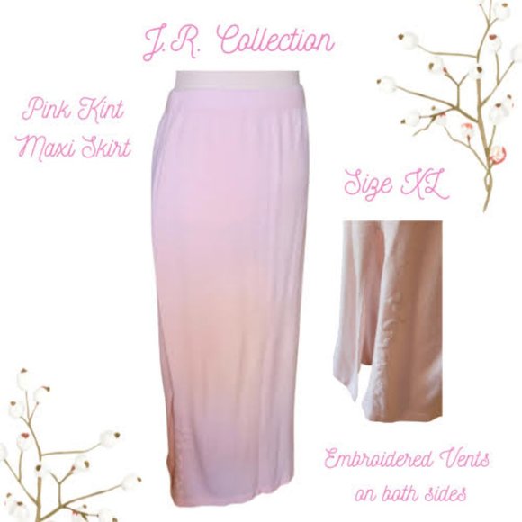 J.R. Collection Soft Pink Knit Maxi Skirt 2 Embroidered Front Vents Vintage SZ X - Picture 1 of 8